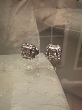 Square Halo Stud Earrings - Sterling Silver with CZ Pink Stones